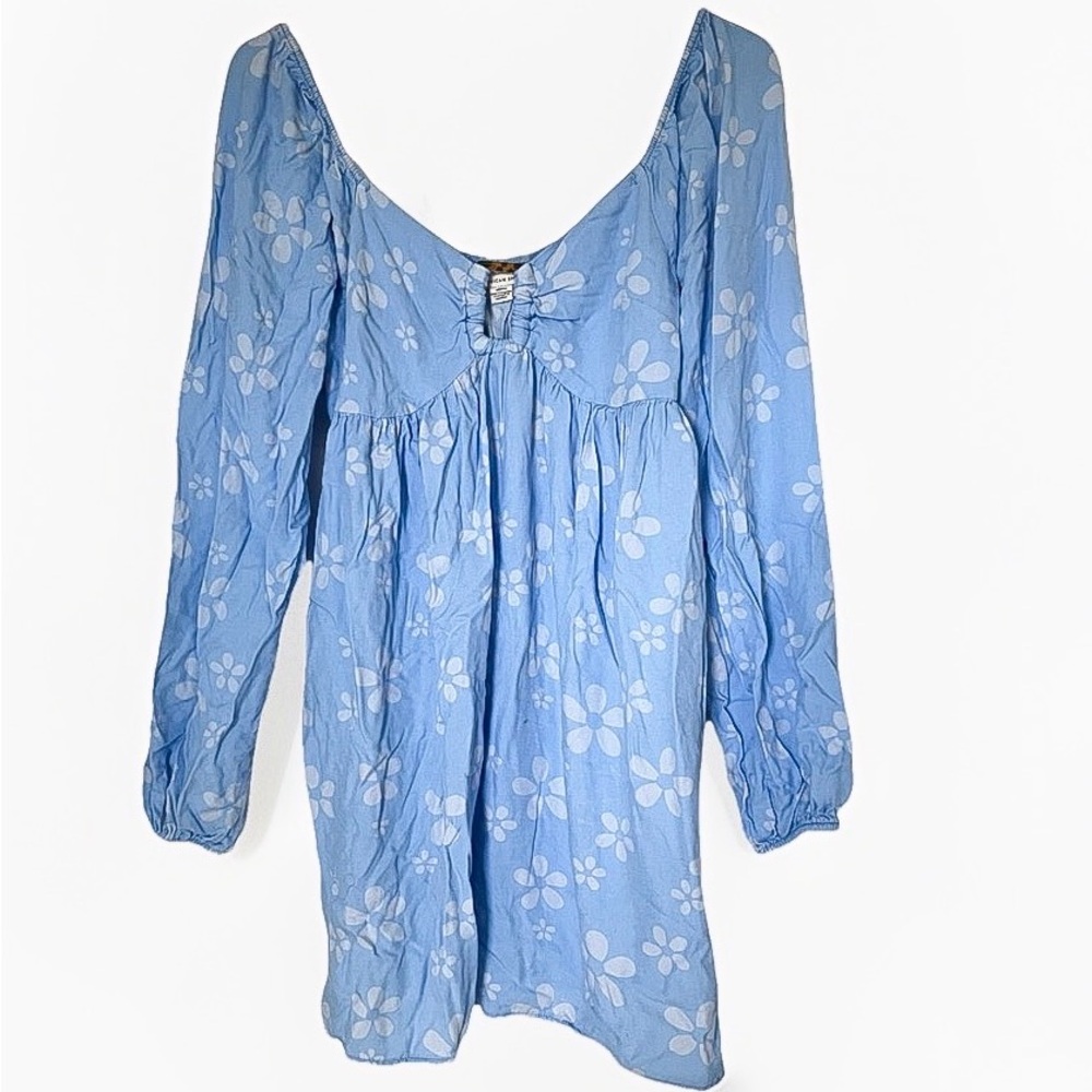 American Eagle  Blue Flower Daisy Mini Dress w Puffed Long Sleeves Size M